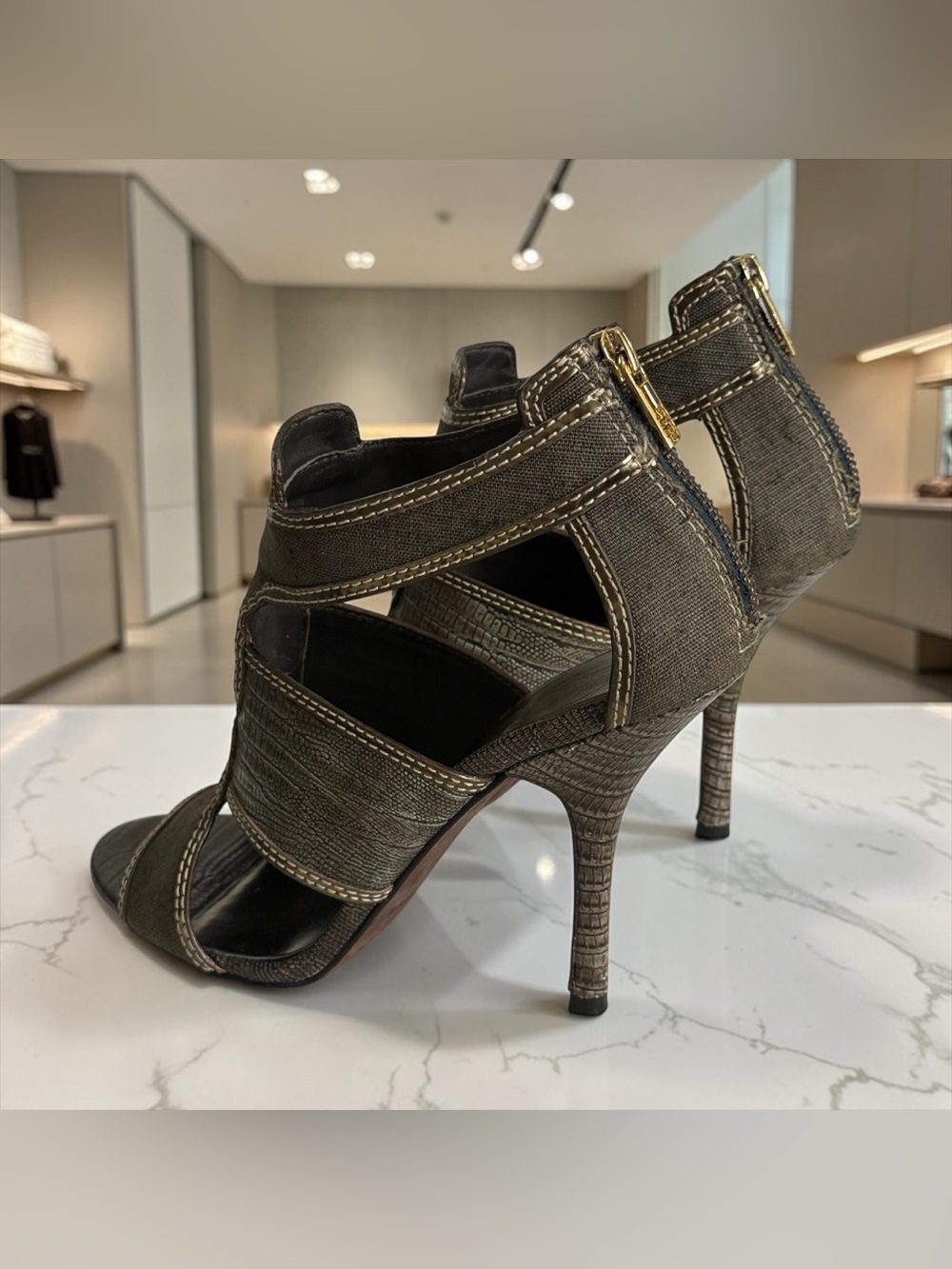 Tory Burch Geoff Caged High Heel Olive Gold Gladiator Sandals! Size 8 - Picture 11 of 16